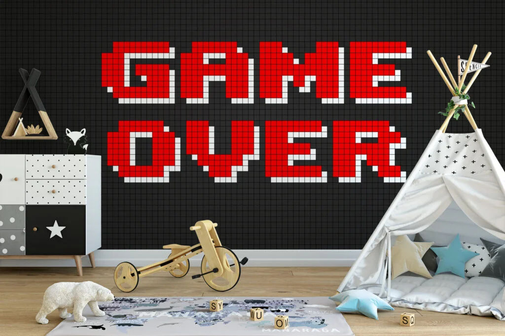 Game Over Video Game Pixel Art Wallpaper, Nostalgic Gamer Wall Decor Peel & Stick Wall Mural