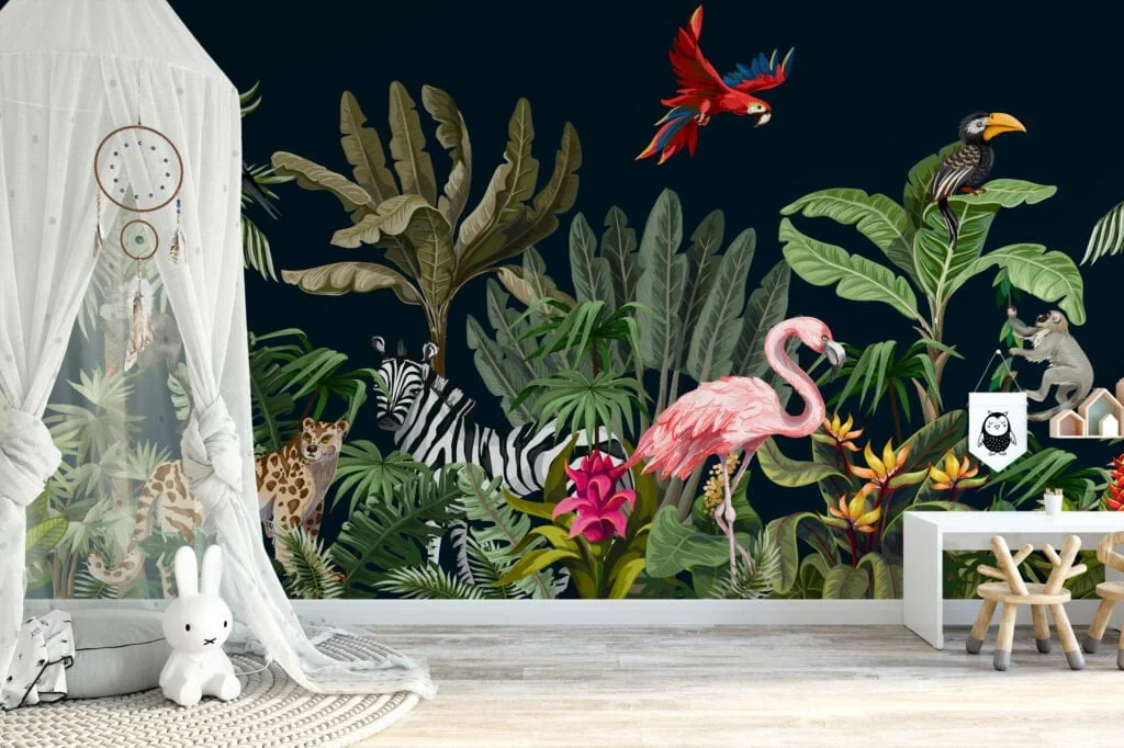 Tropical Jungle With Exotic Animals Illustration With A Dark Background, Exotic Animal & Floral Peel & Stick Wall Mural