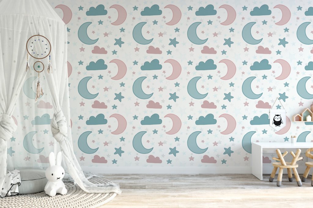 Nursery Stars Moon And Clouds Illustration Wallpaper, Dreamy Moons and Clouds Peel & Stick Wall Mural