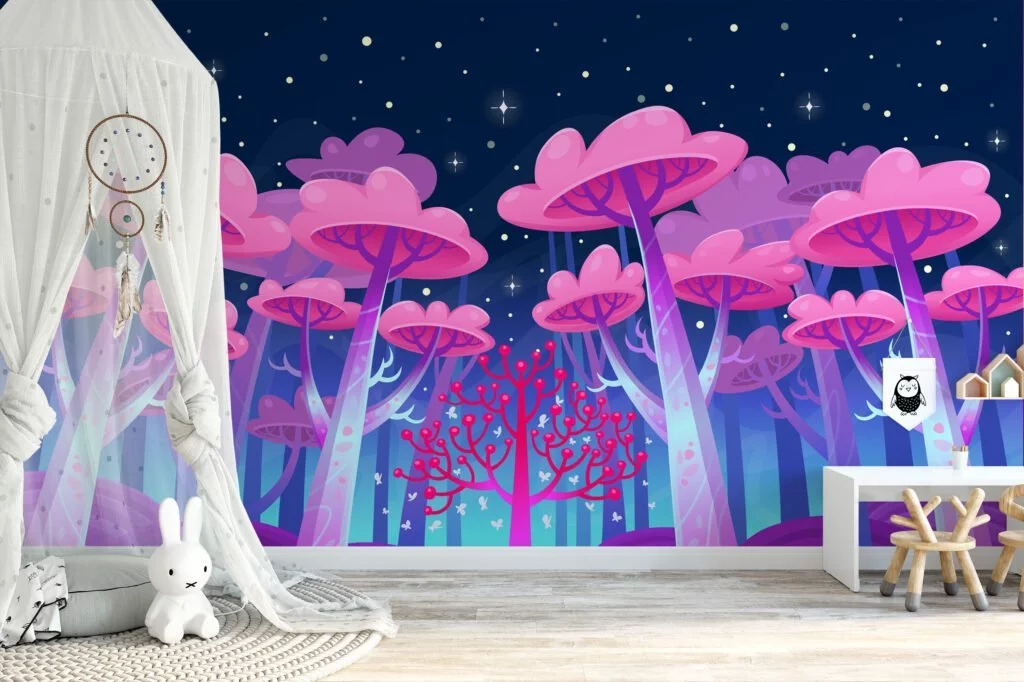 Cartoon Style Large Pink Cotton Candy Trees Wallpaper, Enchanted Forest Space Peel & Stick Wall Mural