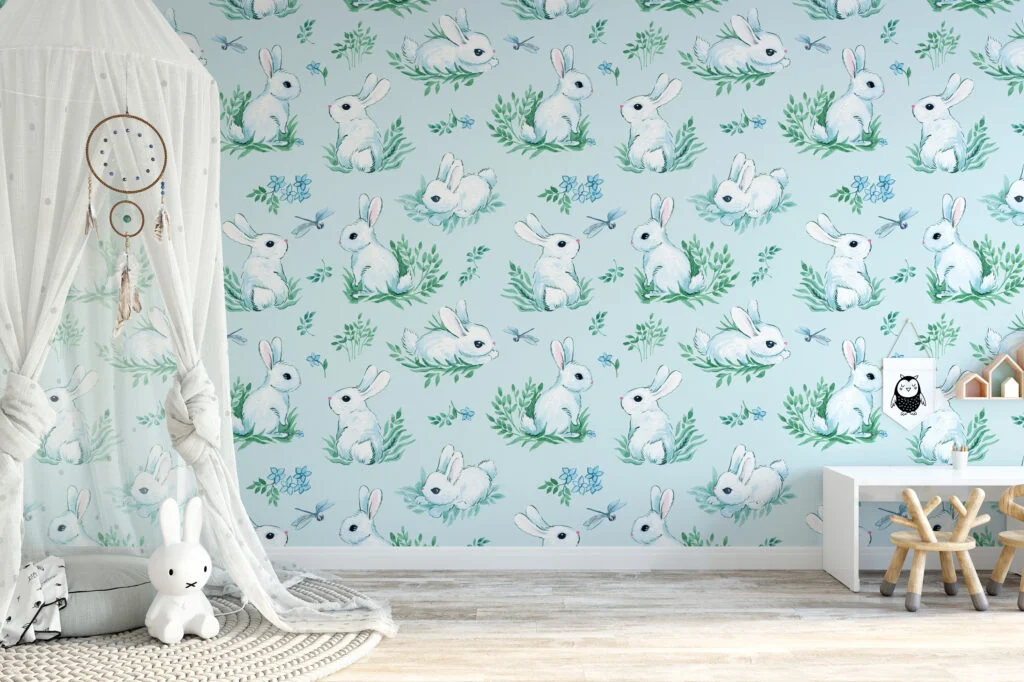 Light Blue Watercolor Effect Bunny With Dragonfly Illustration Wallpaper, Serene Bunny Meadow Kids Peel & Stick Wall Mural