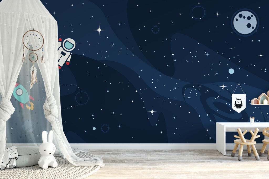 Space Nursery Wallpaper With Astronaut And Stars, Modern Astronaut In The Cosmos Peel & Stick Wall Mural