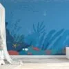 Cartoon Style Blue Underwater Ocean Illustration Wallpaper, Oceanic Nursery Art Peel & Stick Wall Mural
