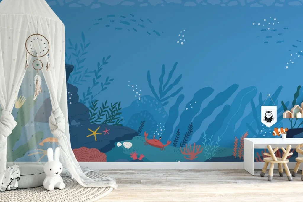 Cartoon Style Blue Underwater Ocean Illustration Wallpaper, Oceanic Nursery Art Peel & Stick Wall Mural