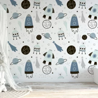 Space Planets And Rockets Kids Room Illustration Wallpaper, Outer Space Rocket Kids Peel & Stick Wall Mural