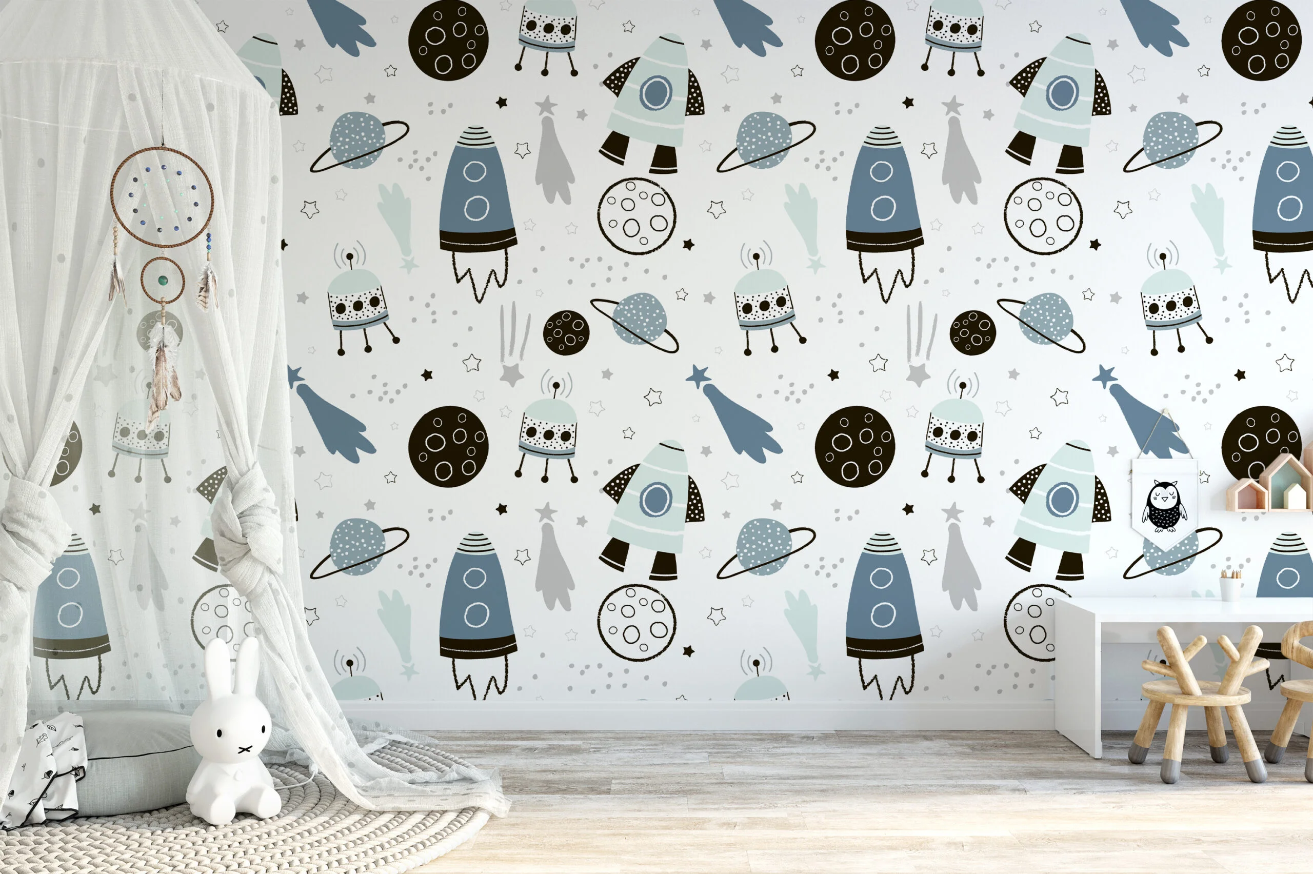 Space Planets And Rockets Kids Room Illustration Wallpaper, Outer Space Rocket Kids Peel & Stick Wall Mural