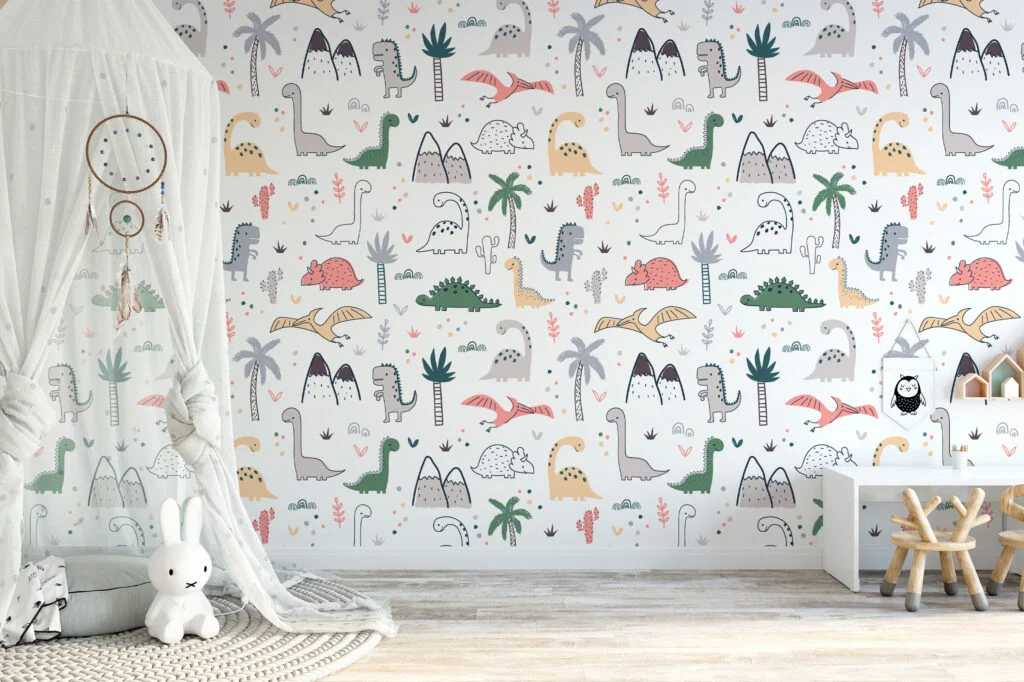 Cute Nursery Dinosaurs Drawings Illustration Pattern Wallpaper, Adorable Dinosaur Peel & Stick Wall Mural