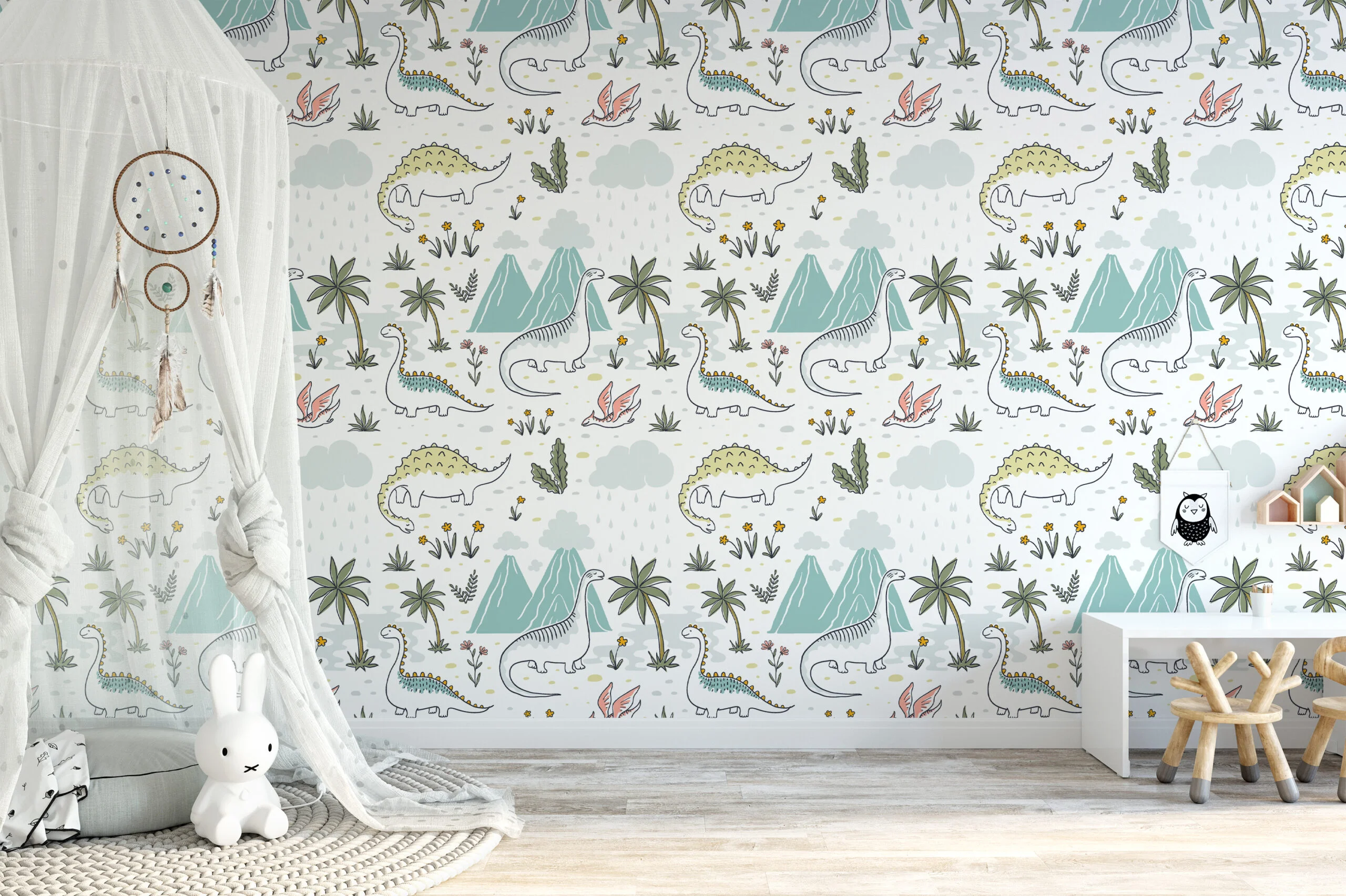 Nursery Dinosaurs Drawings With Flowers Illustration Wallpaper, Dinosaur Adventure Kids Room Peel & Stick Wall Mural