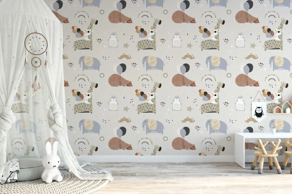 Cute Nursery Sleepy Animals With Muted Colors Pattern Illustration Wallpaper, Gentle Animal Children Peel & Stick Wall Mural