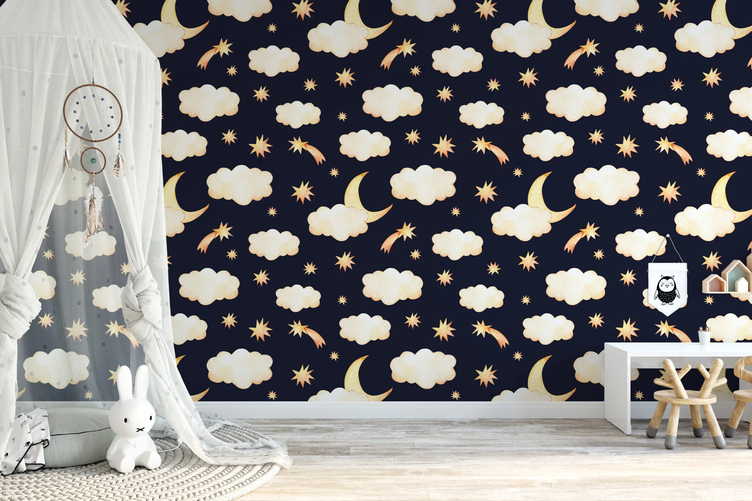 Watercolor Nursery Moon Night Clouds With Stars Illustration Wallpaper, Night Sky Dreams Peel & Stick Wall Mural