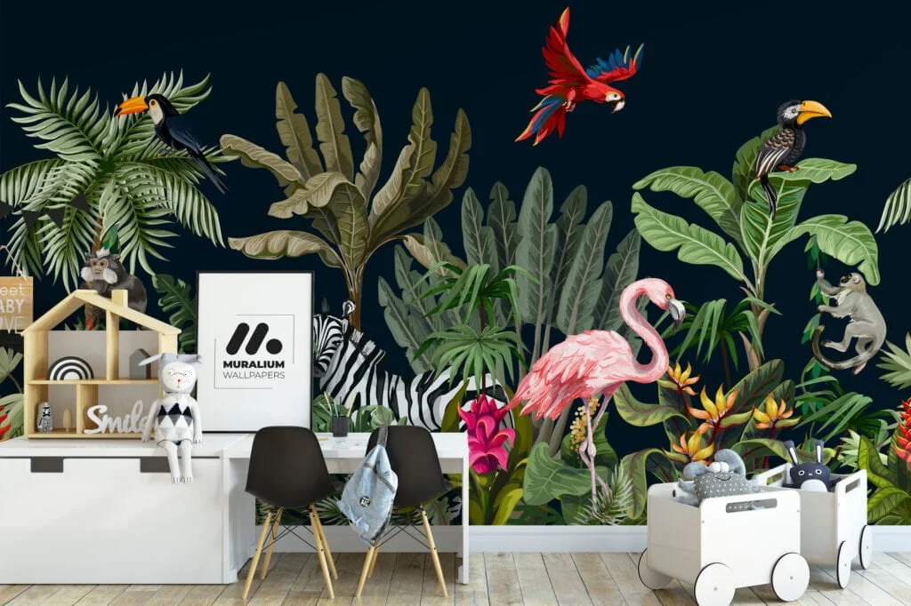 Tropical Jungle With Exotic Animals Illustration With A Dark Background, Exotic Animal & Floral Peel & Stick Wall Mural