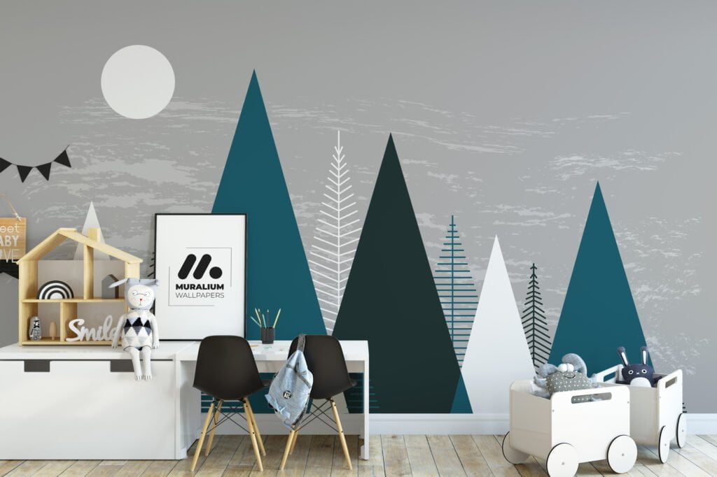 Minimalist Wallpaper With Abstract Mountains And Trees, Forest Silhouette Peel & Stick Wall Mural