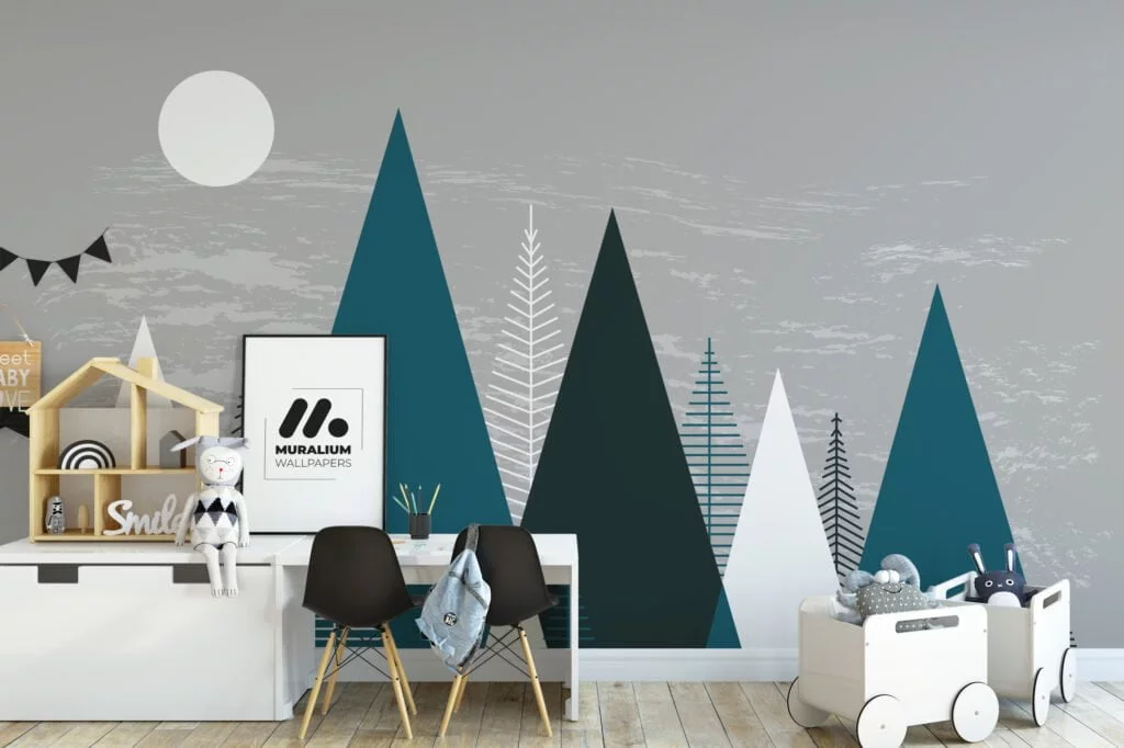 Minimalist Wallpaper With Abstract Mountains And Trees, Forest Silhouette Peel & Stick Wall Mural