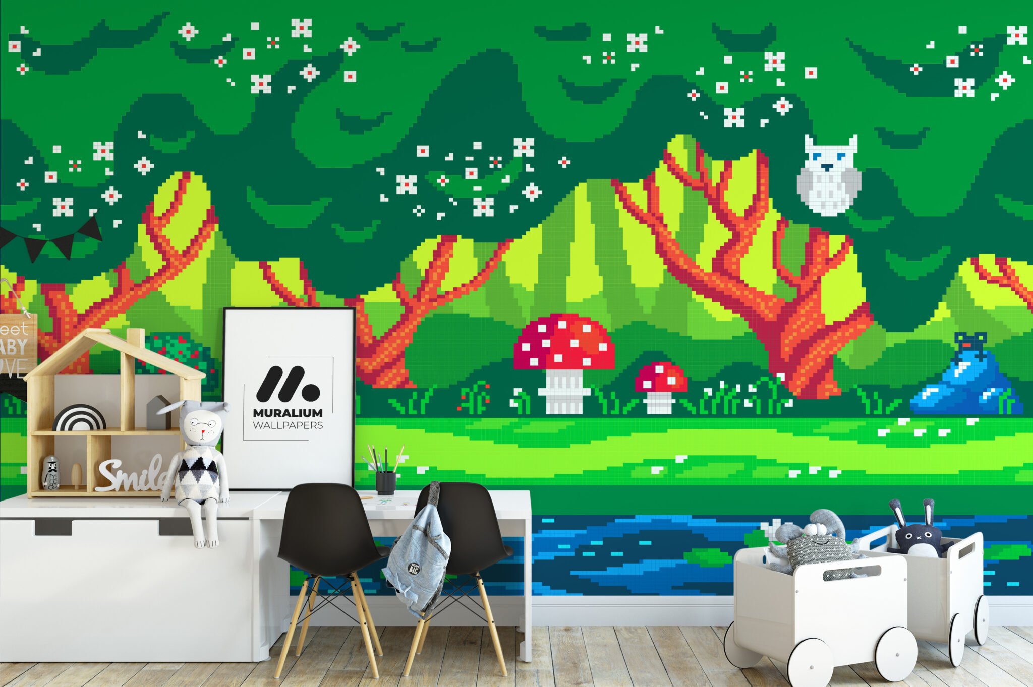 Pixel Art Forest Kids Room Wallpaper, Enchanted Forest Pixel Art Peel ...