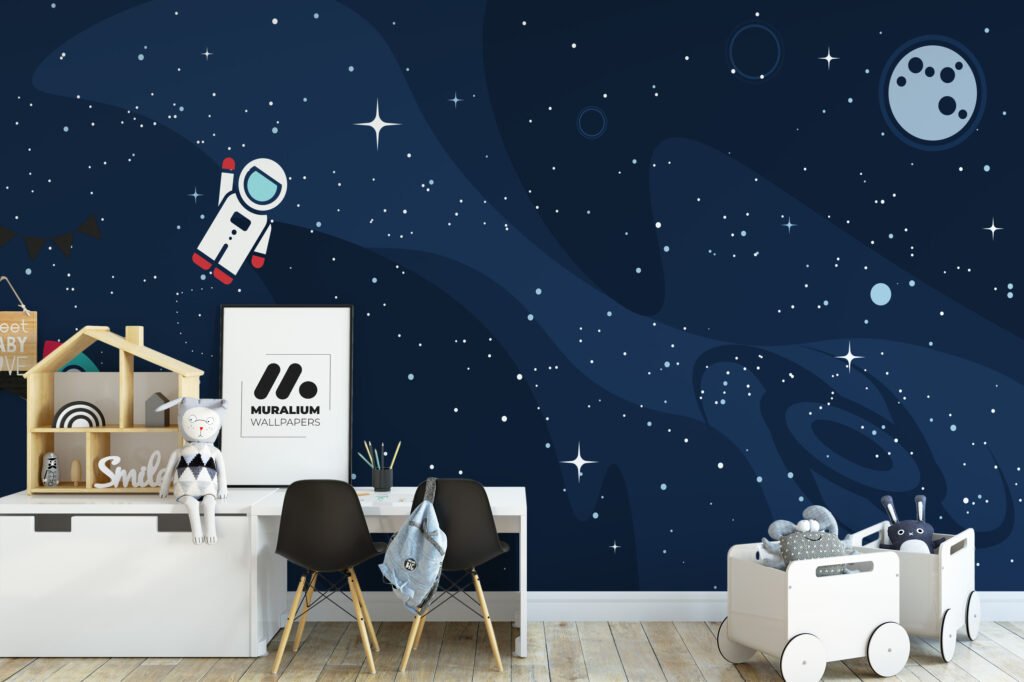 Space Nursery Wallpaper With Astronaut And Stars, Modern Astronaut In The Cosmos Peel & Stick Wall Mural