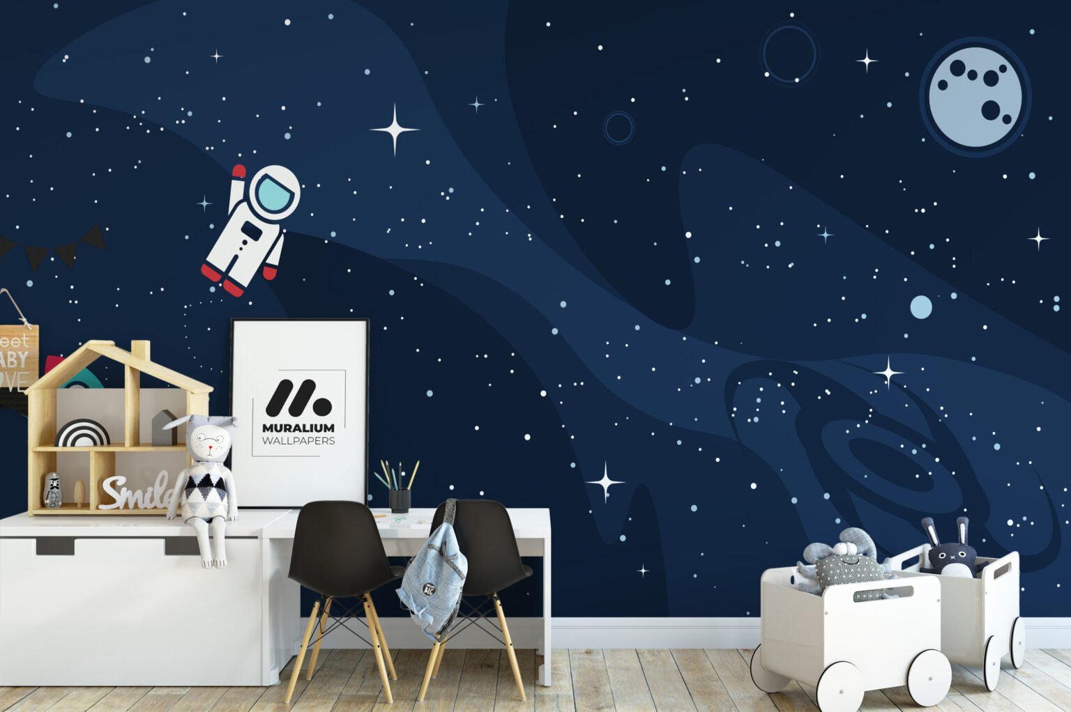 Space Nursery Wallpaper With Astronaut And Stars, Modern Astronaut In ...