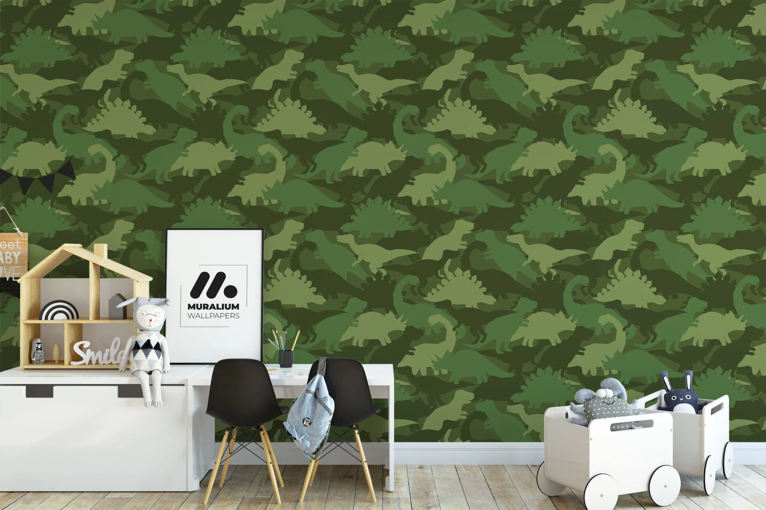 Green Camouflage Dinosaur Silhouette Illustration Wallpaper, Playful Kids Adventure Peel & Stick Wall Mural
