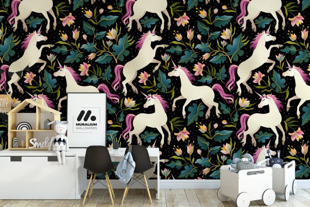 Cartoon Unicorn Illustration With A Dark Background Wallpaper, Enchanted Floral Peel & Stick Wall Mural