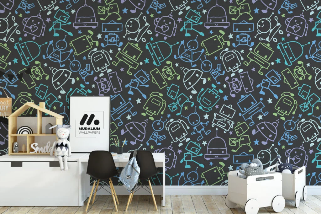 Cute Hand Drawn Playroom Robots Nursery Wallpaper, Galactic Doodle Kids Peel & Stick Wall Mural