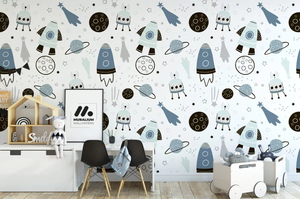 Space Planets And Rockets Kids Room Illustration Wallpaper, Outer Space Rocket Kids Peel & Stick Wall Mural