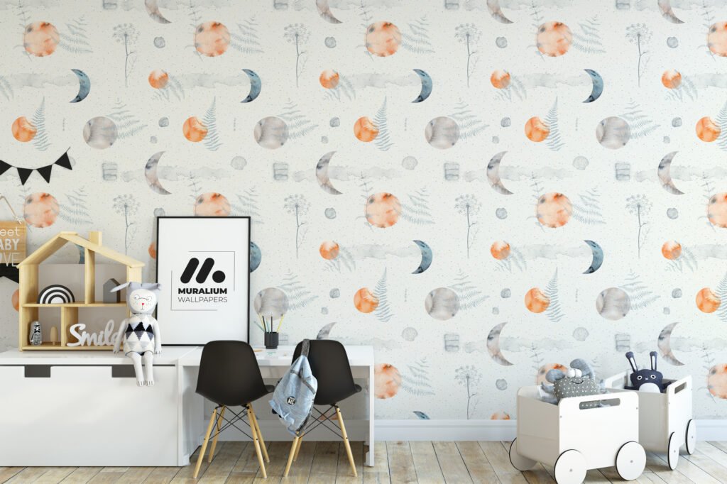 Watercolor Style Moon Pattern Illustration Wallpaper, Celestial Moon Phases Peel & Stick Wall Mural