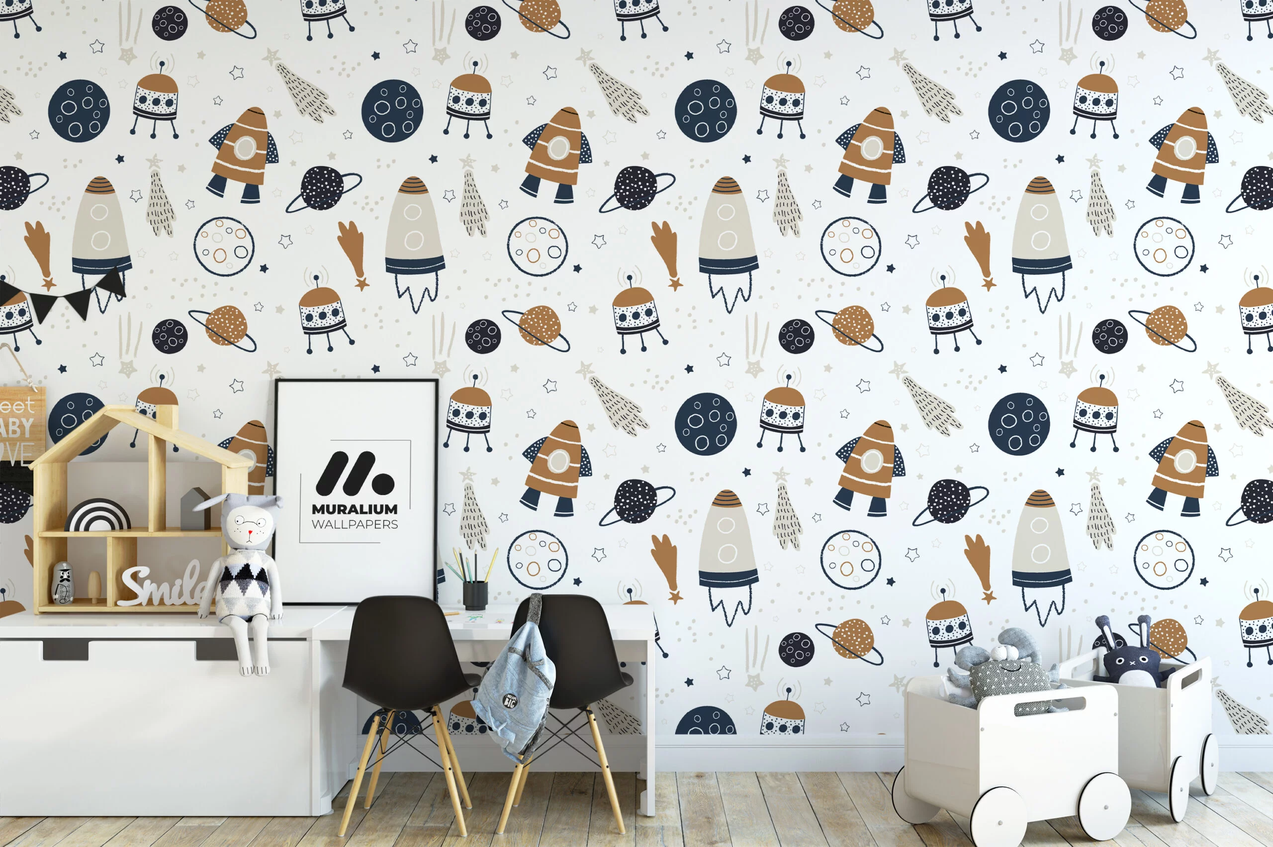 Nursery Cute Rockets And Planets Illustration Wallpaper, Astronomical Nursery Decor Peel & Stick Wall Mural