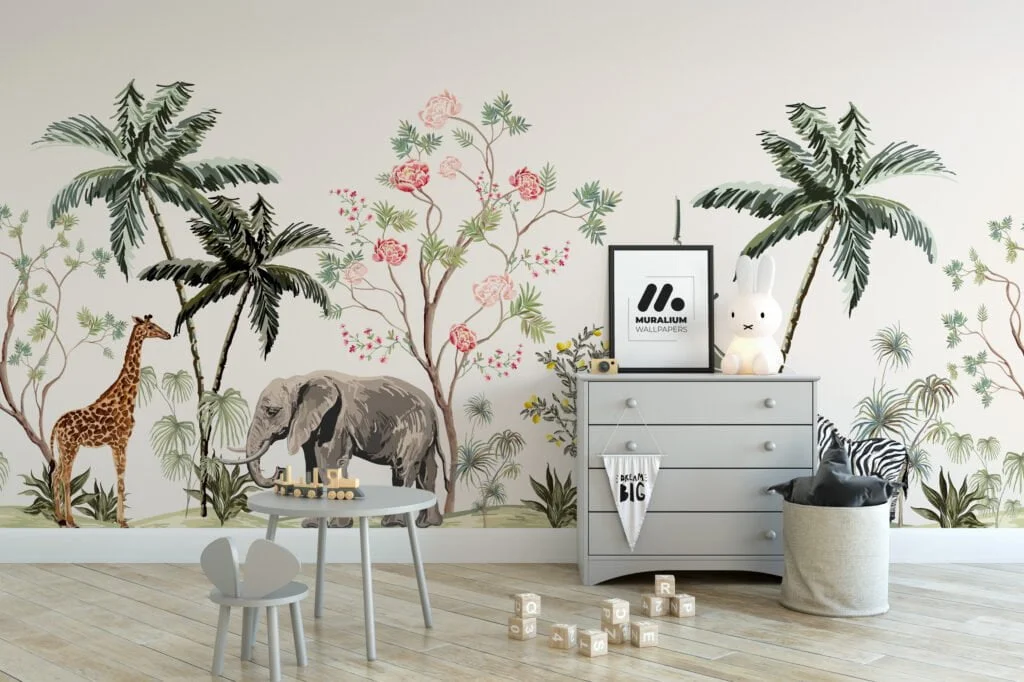 Safari Animals And Palm Trees Illustration With A light Background Wallpaper, Exotic Animal Chinoiserie Peel & Stick Wall Mural