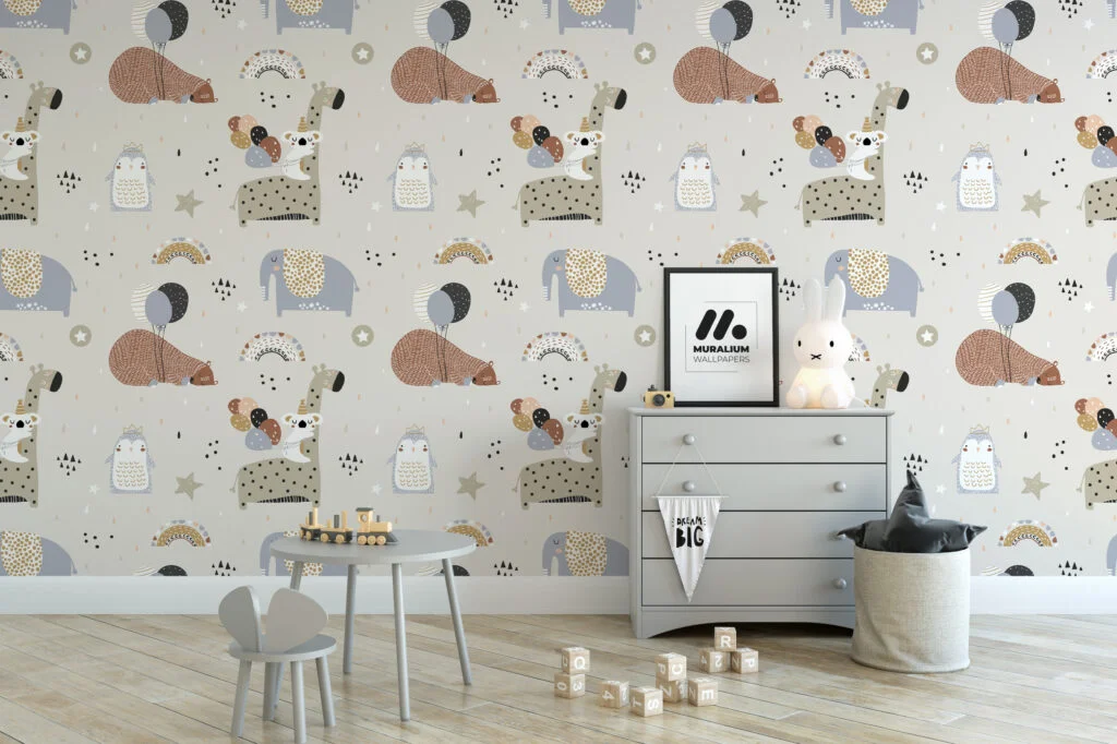 Cute Nursery Sleepy Animals With Muted Colors Pattern Illustration Wallpaper, Gentle Animal Children Peel & Stick Wall Mural