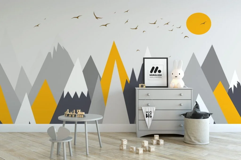 Minimalist Grey And Yellow Mountains Illustration Wallpaper, Modern Mountain Landscape Peel & Stick Wall Mural