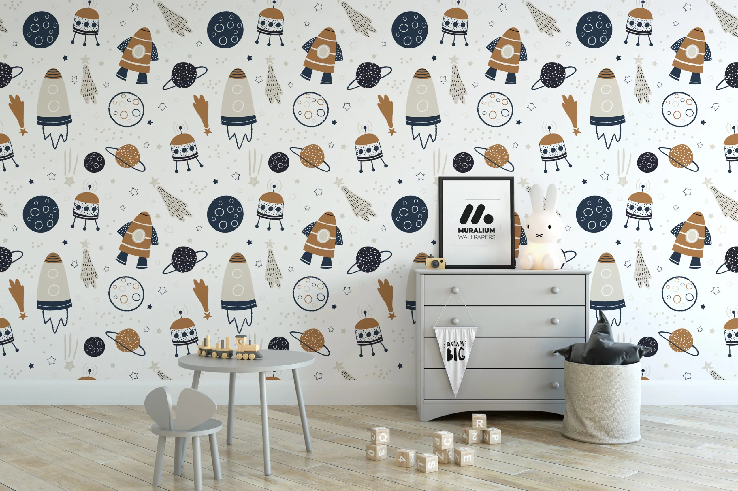 Nursery Cute Rockets And Planets Illustration Wallpaper, Astronomical Nursery Decor Peel & Stick Wall Mural