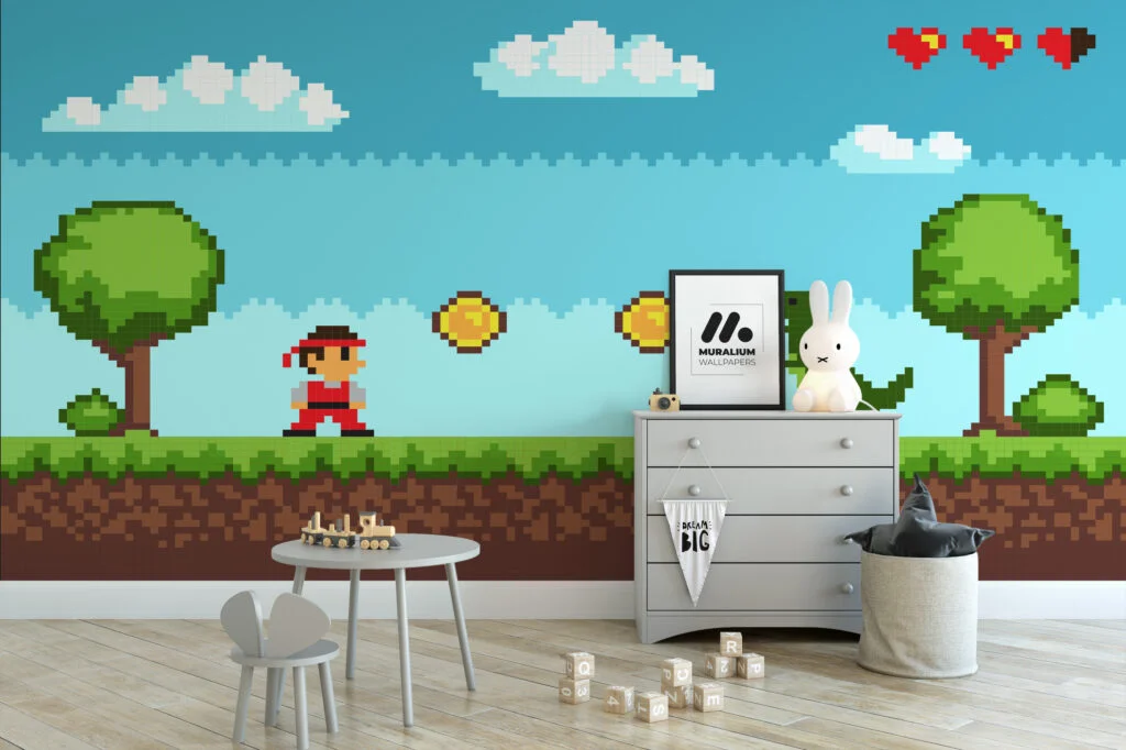 Pixel Art Game Level Platform With A Dinosaur Wallpaper, Classic 8-bit Adventure Game Scene Peel & Stick Wall Mural