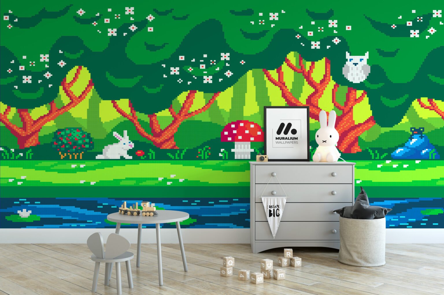 Pixel Art Forest Kids Room Wallpaper, Enchanted Forest Pixel Art Peel ...