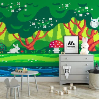 Pixel Art Forest Kids Room Wallpaper, Enchanted Forest Pixel Art Peel & Stick Wall Mural