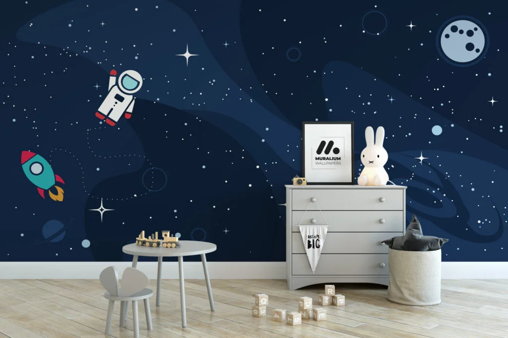 Space Nursery Wallpaper With Astronaut And Stars, Modern Astronaut In The Cosmos Peel & Stick Wall Mural