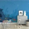 Cartoon Style Blue Underwater Ocean Illustration Wallpaper, Oceanic Nursery Art Peel & Stick Wall Mural