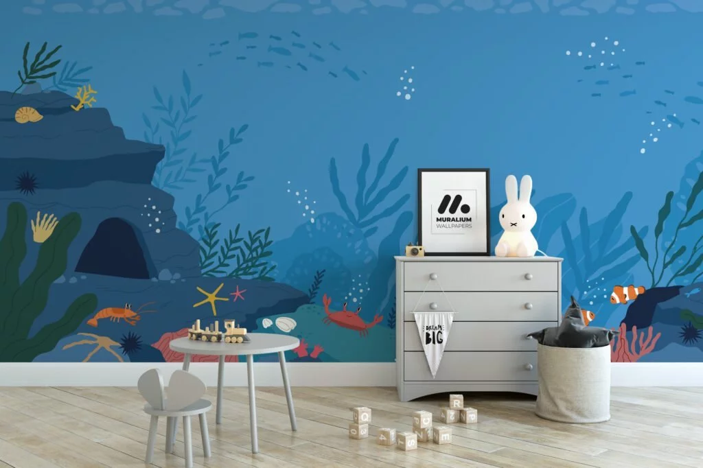 Cartoon Style Blue Underwater Ocean Illustration Wallpaper, Oceanic Nursery Art Peel & Stick Wall Mural