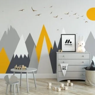 Minimalist Grey And Yellow Mountains Illustration Wallpaper, Modern Mountain Landscape Peel & Stick Wall Mural