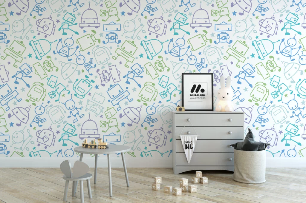 Cute Doodle Robots Drawing Nursery Wallpaper, Playful Space Line Art Peel & Stick Wall Mural