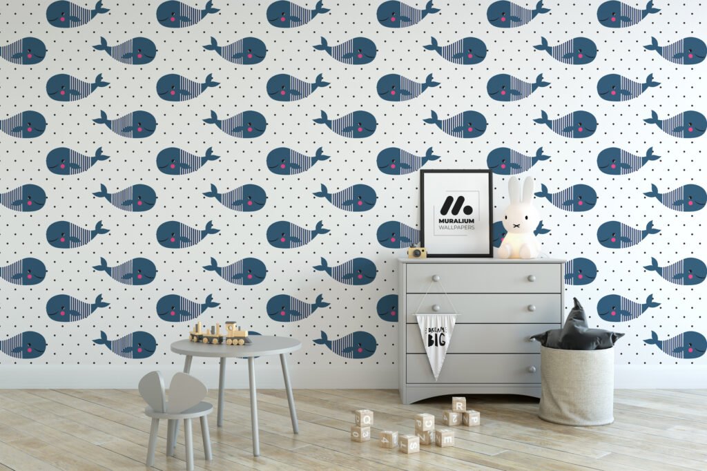 Cute Whale Illustration Pattern Nursery Wallpaper, Charming Navy Whale Peel & Stick Wall Mural