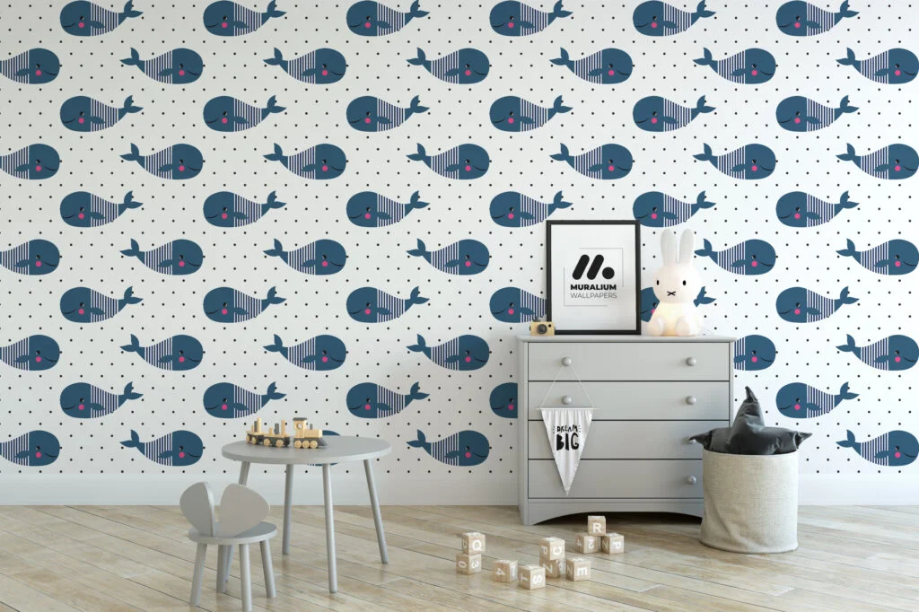 Cute Whale Illustration Pattern Nursery Wallpaper, Charming Navy Whale Peel & Stick Wall Mural