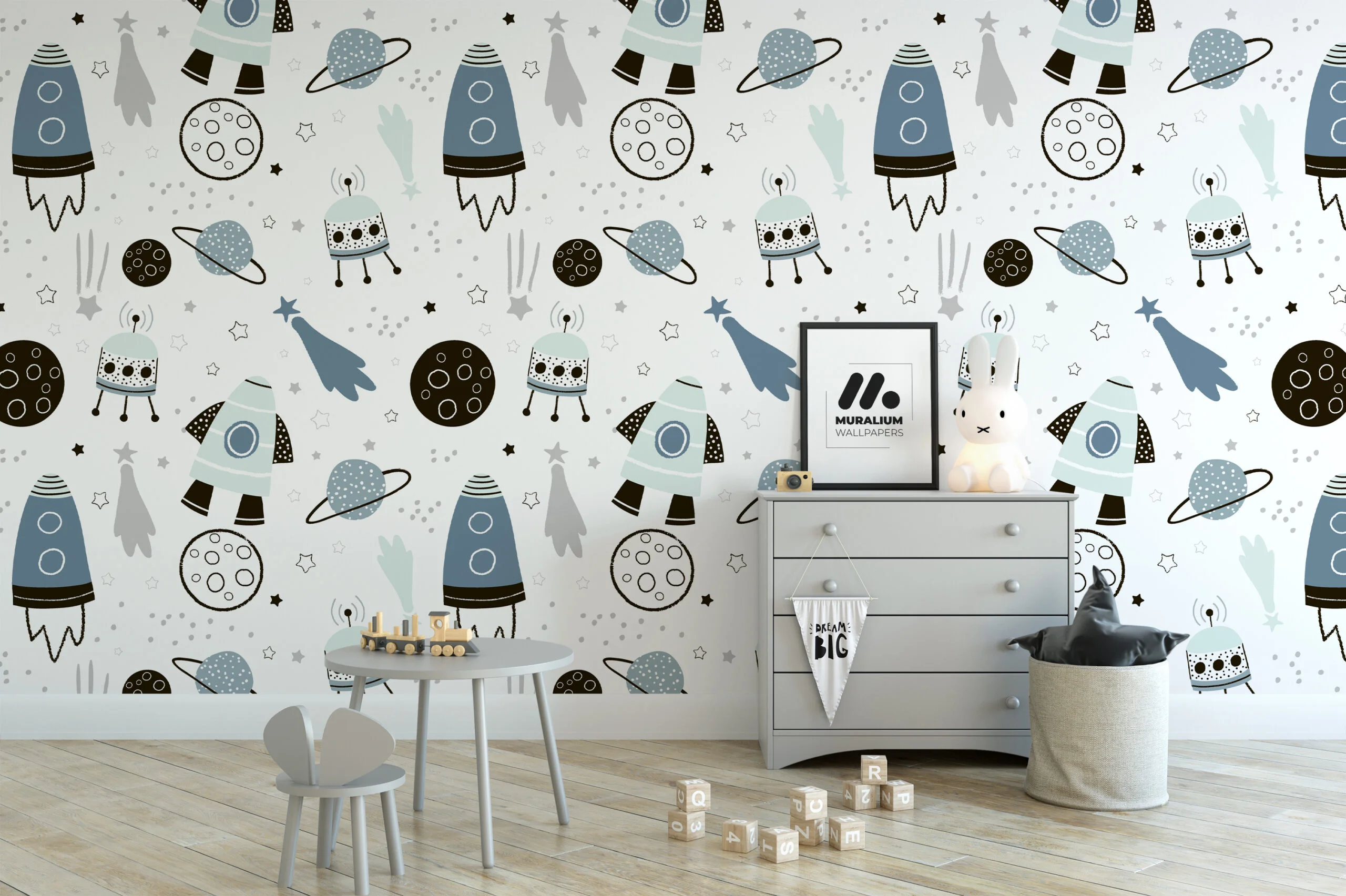 Space Planets And Rockets Kids Room Illustration Wallpaper, Outer Space Rocket Kids Peel & Stick Wall Mural