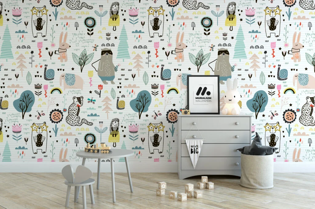 Cute Doodle Icons On Paper Pattern Wallpaper, Whimsical Woodland Drawings Peel & Stick Wall Mural