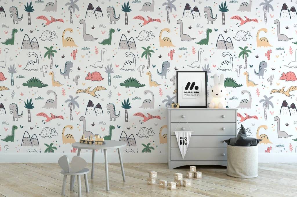 Cute Nursery Dinosaurs Drawings Illustration Pattern Wallpaper, Adorable Dinosaur Peel & Stick Wall Mural