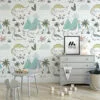 Nursery Dinosaurs Drawings With Flowers Illustration Wallpaper, Dinosaur Adventure Kids Room Peel & Stick Wall Mural
