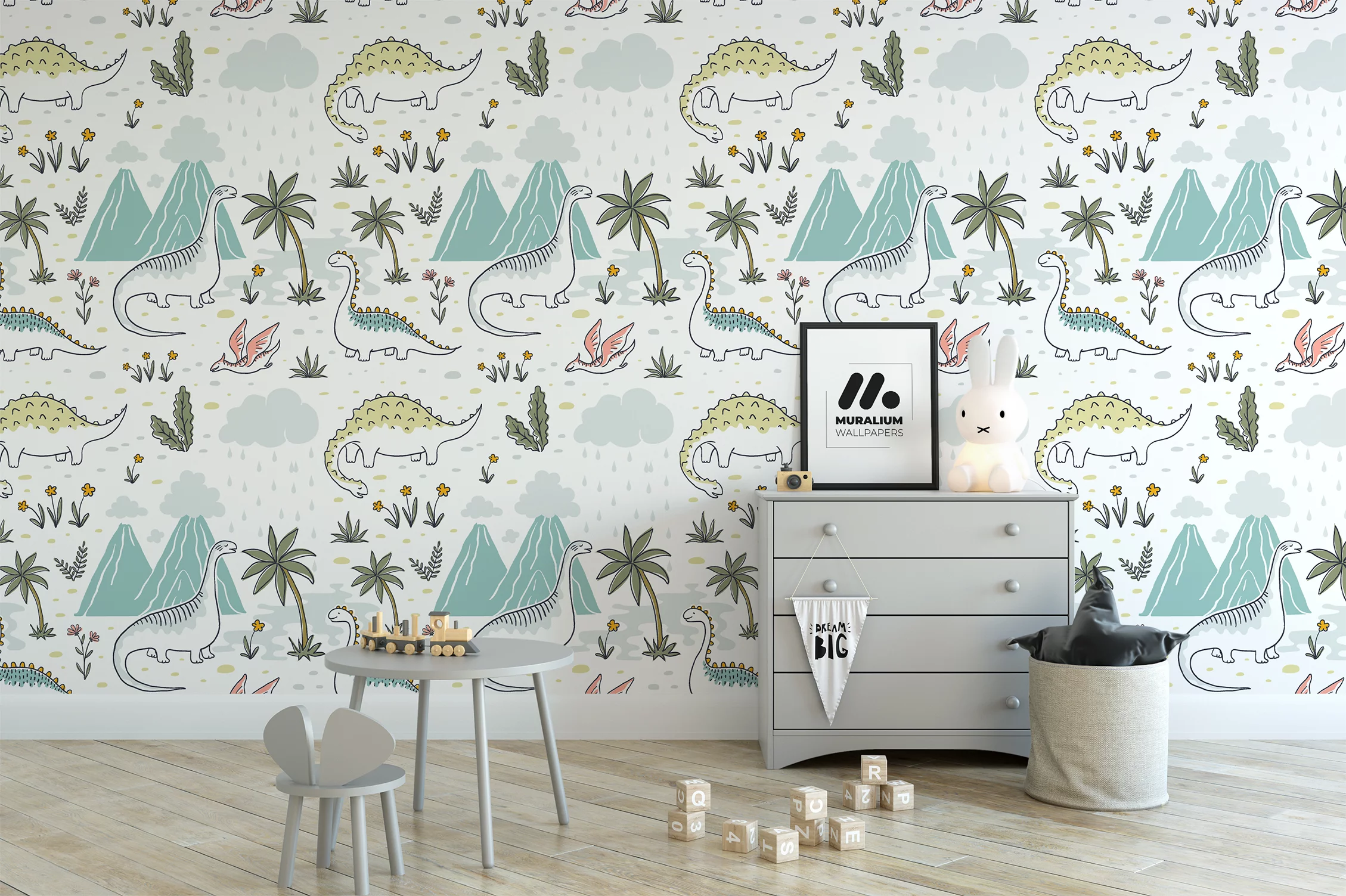 Nursery Dinosaurs Drawings With Flowers Illustration Wallpaper, Dinosaur Adventure Kids Room Peel & Stick Wall Mural
