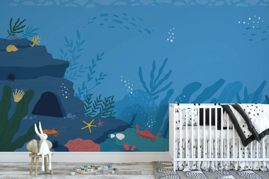 Cartoon Style Blue Underwater Ocean Illustration Wallpaper, Oceanic Nursery Art Peel & Stick Wall Mural