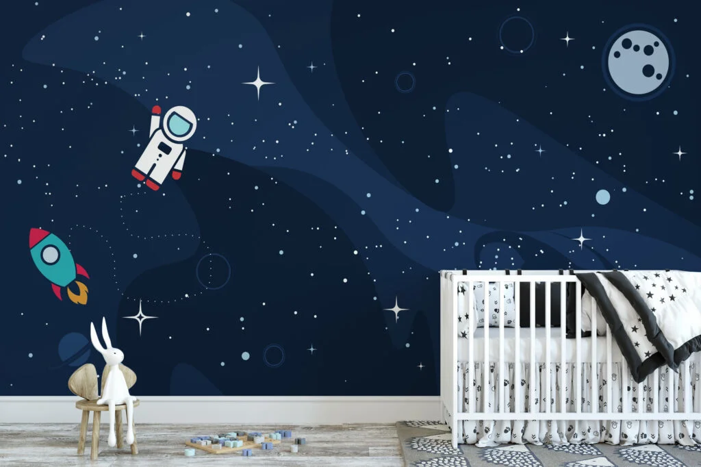 Space Nursery Wallpaper With Astronaut And Stars, Modern Astronaut In The Cosmos Peel & Stick Wall Mural