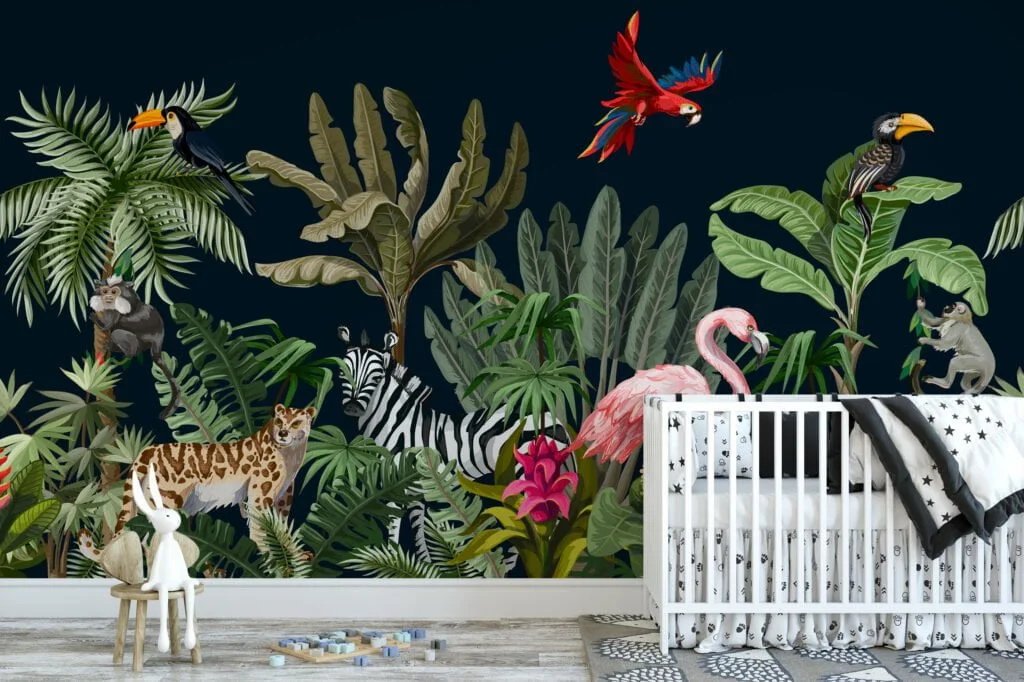 Tropical Jungle With Exotic Animals Illustration With A Dark Background, Exotic Animal & Floral Peel & Stick Wall Mural