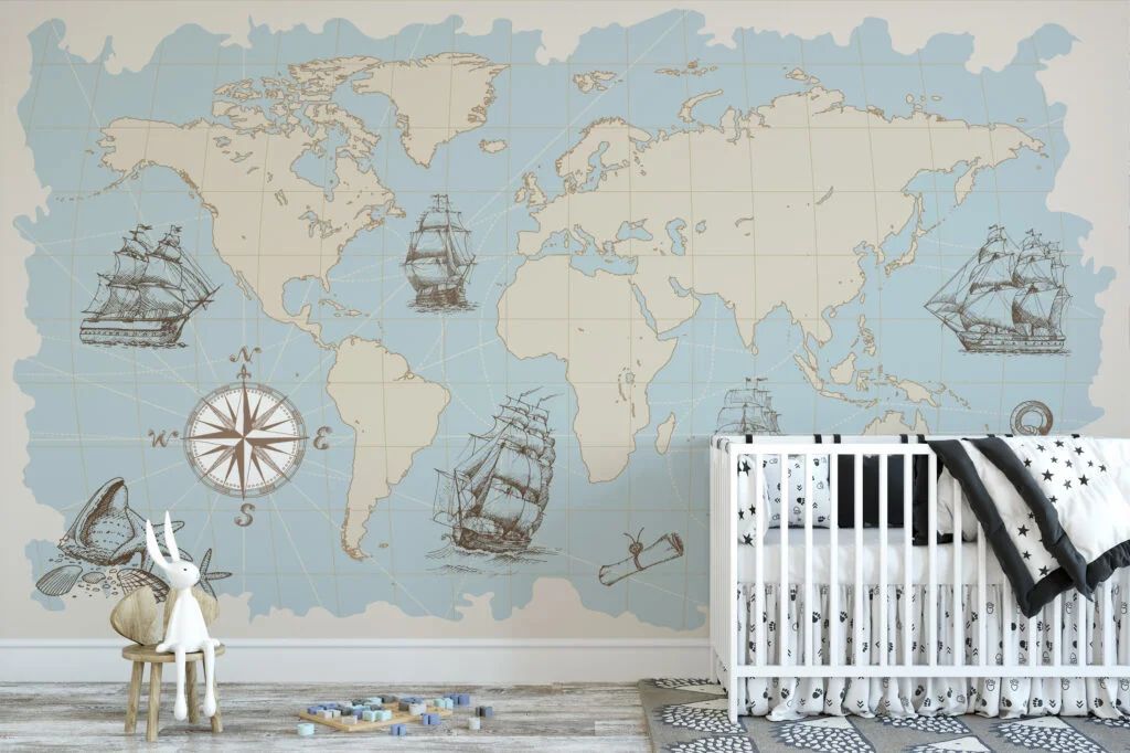 Pastel Blue World Map With Pirate Ships Wallpaper, Vintage Nautical World Map Peel & Stick Wall Mural