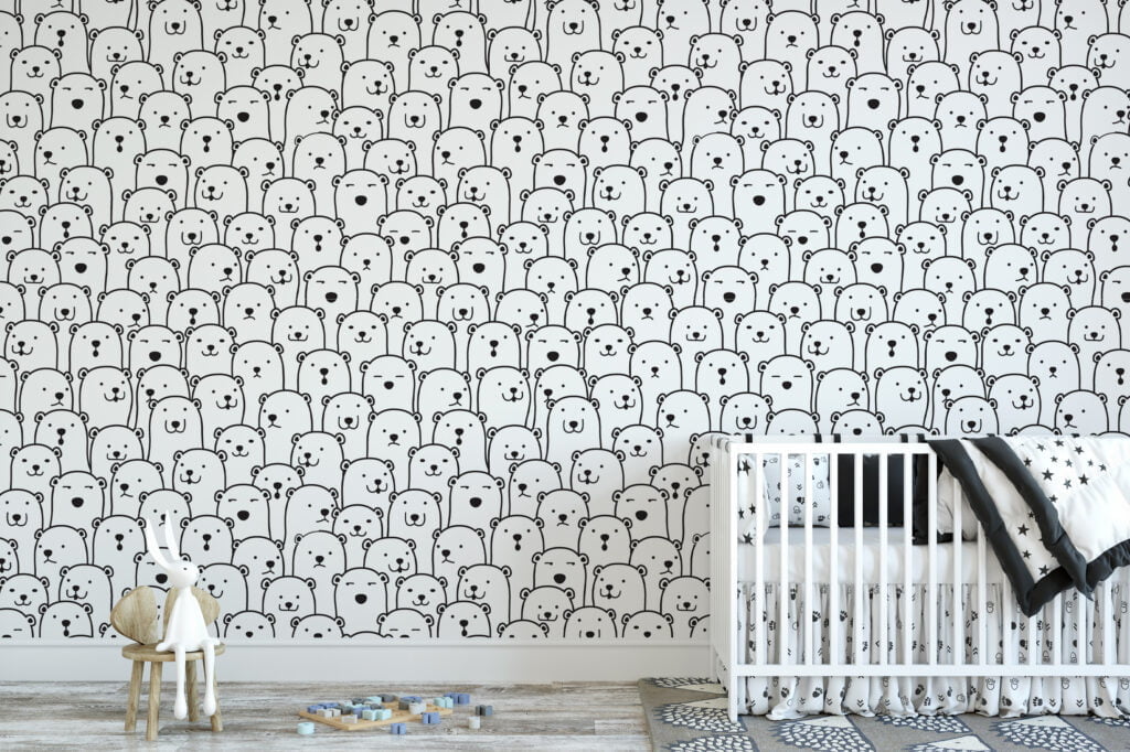 Cute Crowded Bears Line Art Pattern Wallpaper, Adorable Nursery Sketch Peel & Stick Wall Mural
